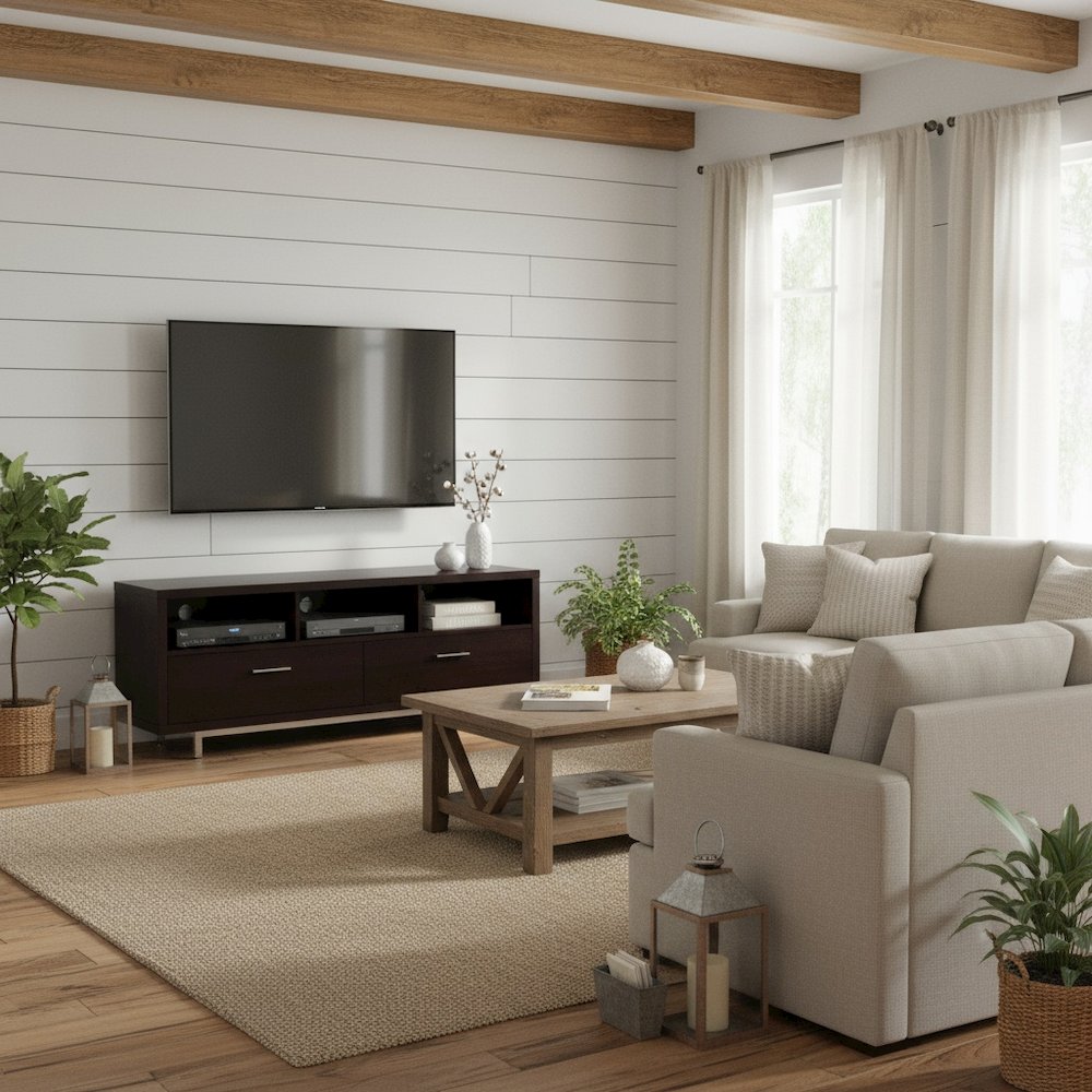 Modern Cappuccino TV Stand 60 Inch, Engineered Wood, 2-Drawer, Chrome Metal Base. Picture 3