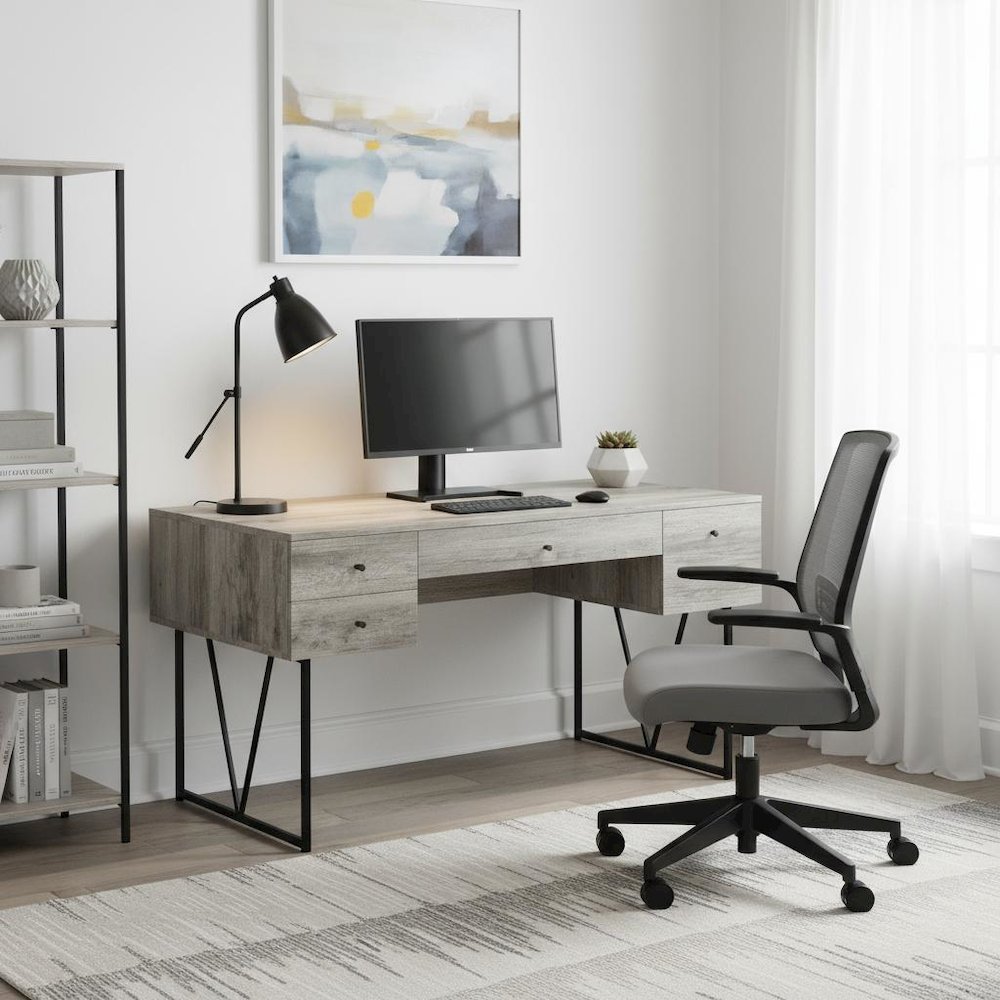 Rustic 4-Drawer Writing Desk 63-Inch, Grey Driftwood, Home Office. Picture 2