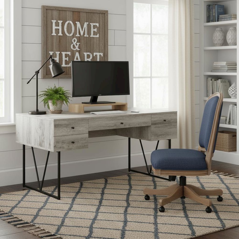 Rustic 4-Drawer Writing Desk 63-Inch, Grey Driftwood, Home Office. Picture 3