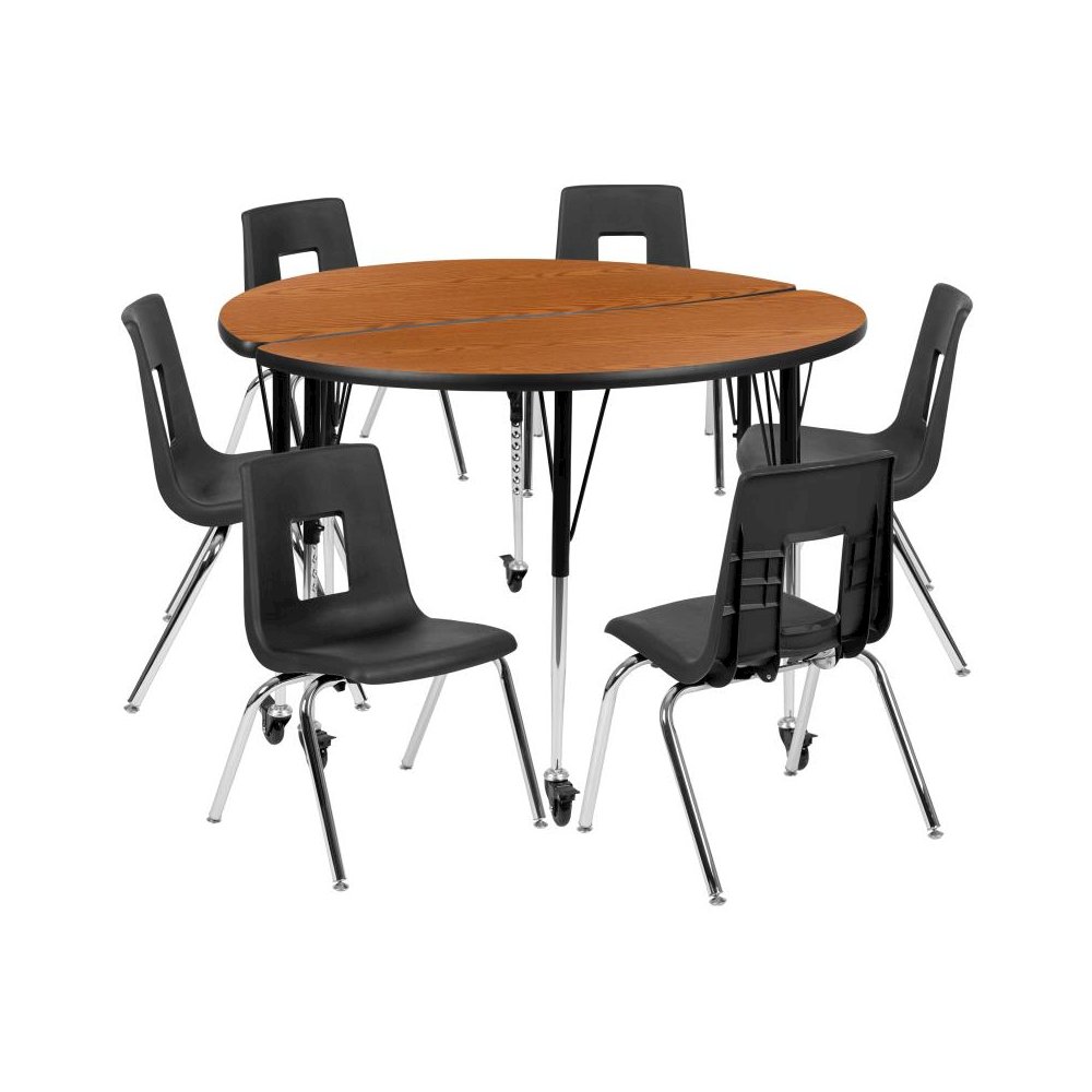 Mobile 47.5" Circle Wave Flexible Laminate Activity Table Set with 18" Student Stack Chairs, Oak/Black. Picture 1