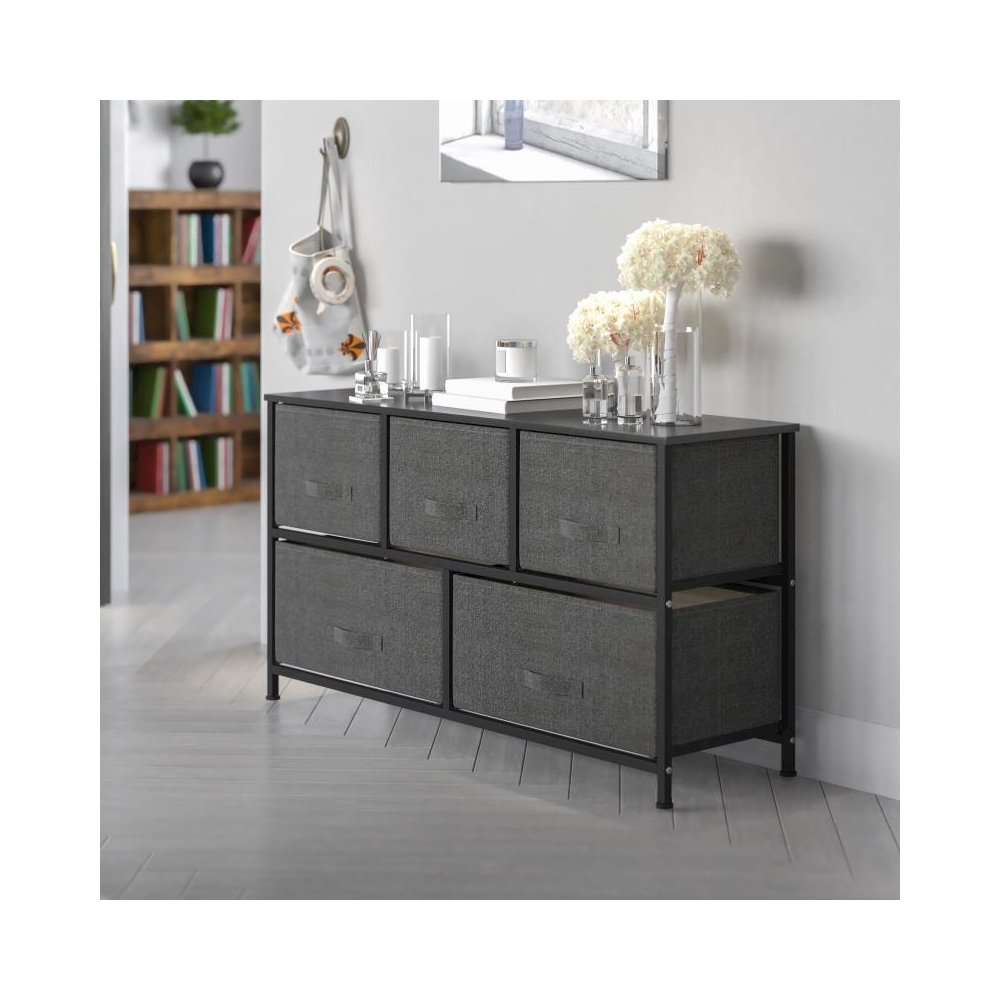 5 Drawer Wood Top Black Cast Iron Frame Vertical Storage Dresser with Dark Gray Easy Pull Fabric Drawers. Picture 2