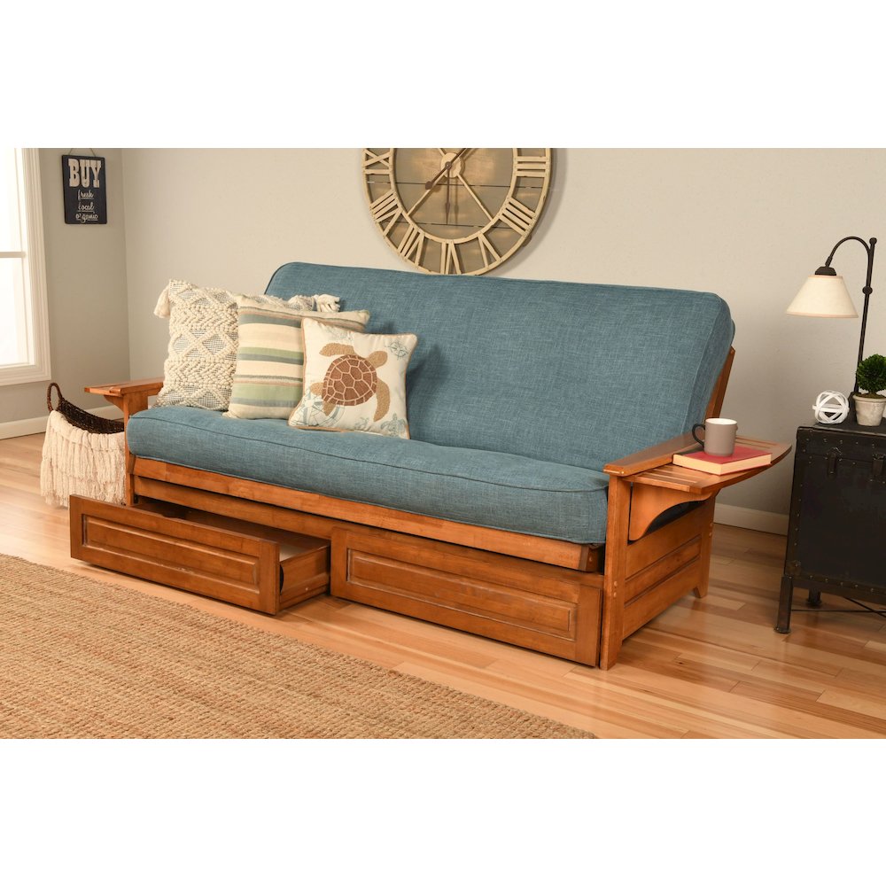 Phoenix Frame-Barbados Finish-Linen Aqua Mattress-Storage Drawers. Picture 1