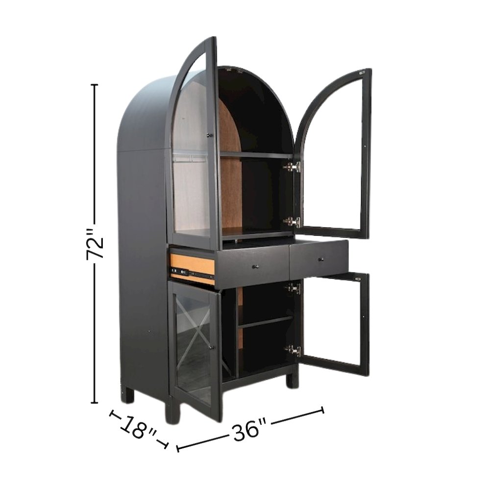 Black Solid Wood Bar Cabinet, Arched Liquor Cabinet with Glass Doors. Picture 5
