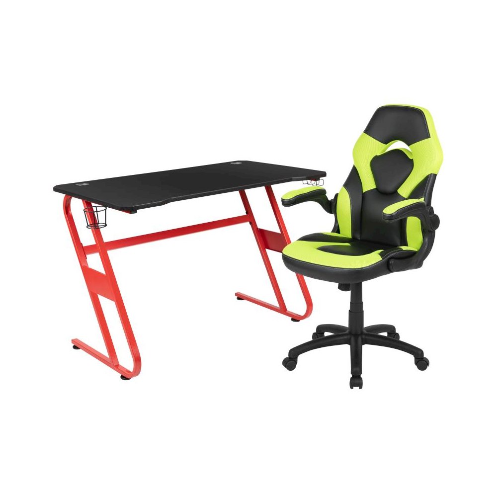 Red Gaming Desk and Green/Black Racing Chair Set with Cup Holder and Headphone Hook. Picture 1