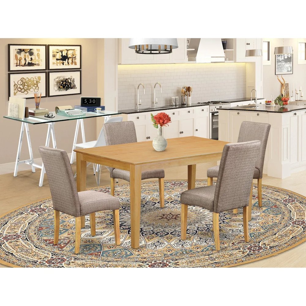 5 Piece Dining Room Furniture Set Includes a Rectangle Dining Table and 4 Dark Khaki Linen Fabric Upholstered Parson Chairs, 36x60 Inch, Oak. Picture 9