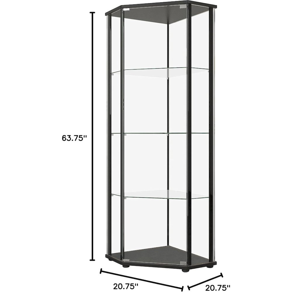Sophisticated Black Glass Shelf Curio Cabinet with Clear Glass Doors. Picture 2
