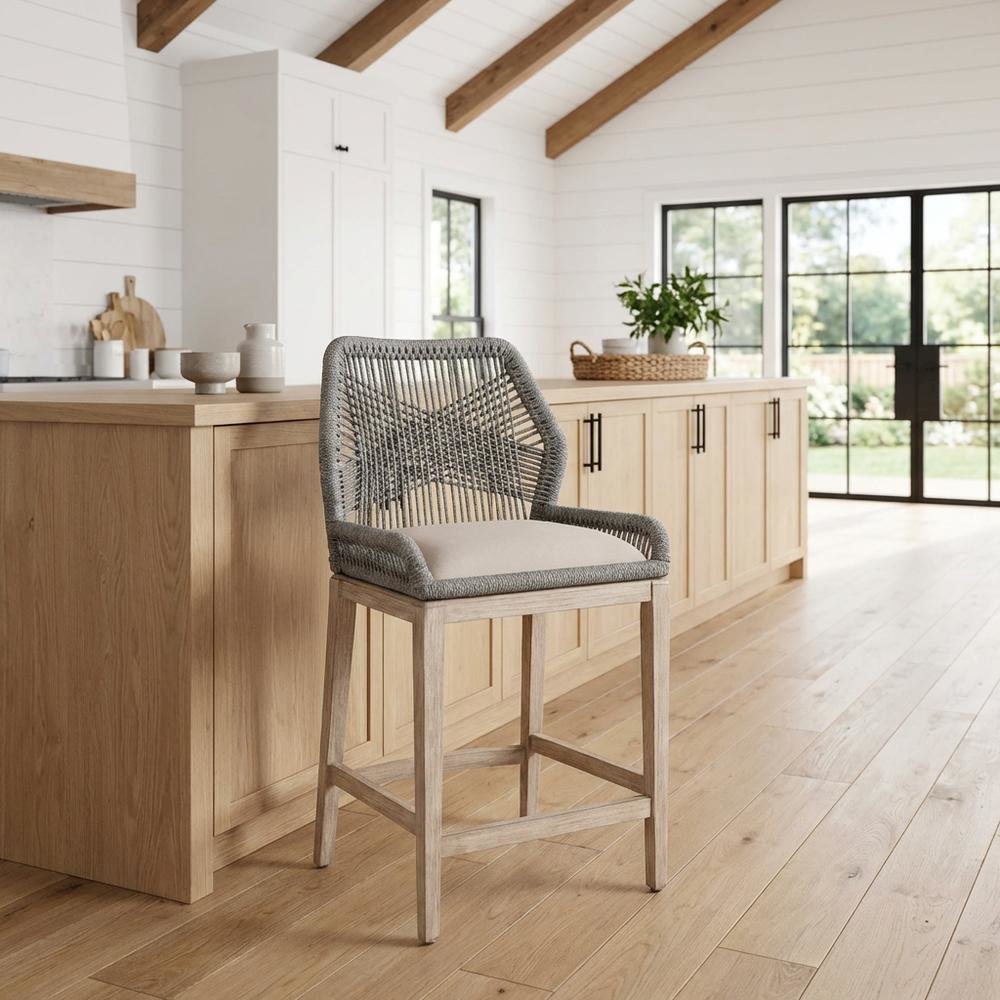 Gray Mahogany Counter Stool with Linen-Blend Upholstery and Footrest. Picture 2