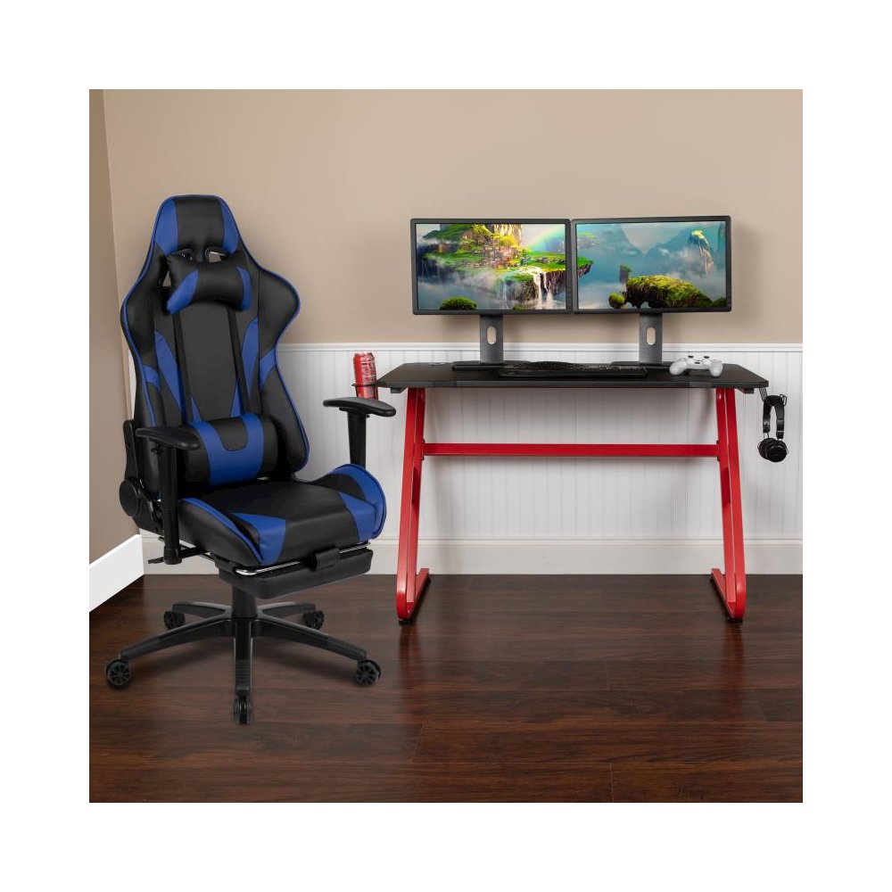 Red Gaming Desk with Cup Holder/Headphone Hook & Blue Reclining Gaming Chair with Footrest. Picture 2