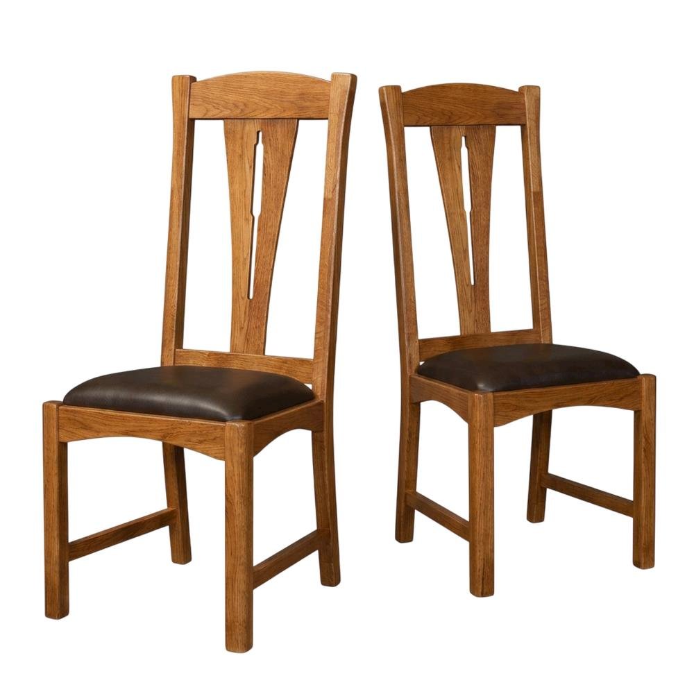 Set of 2 distressed amber wood side chairs with top grain leather seats. Picture 1