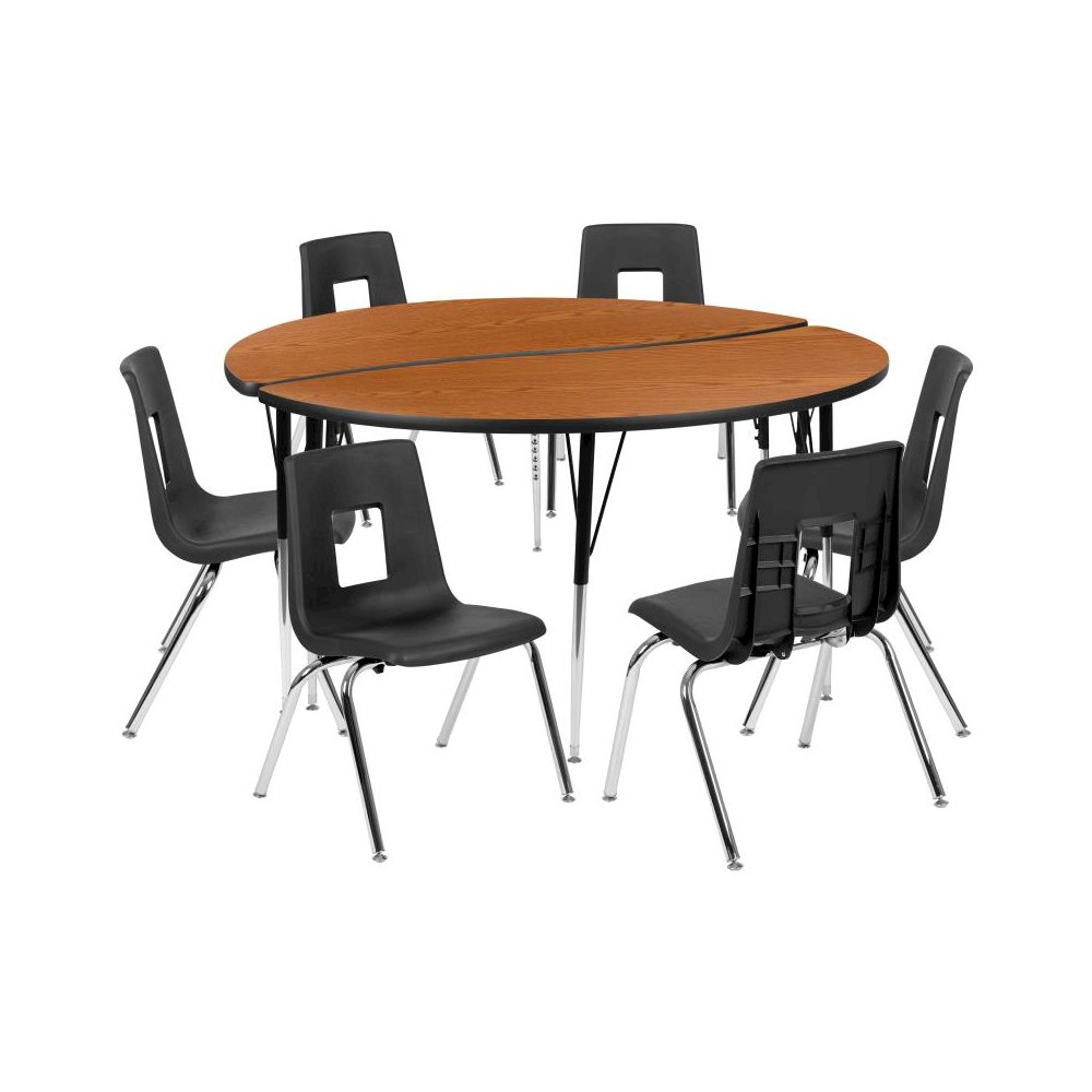 60" Circle Wave Flexible Laminate Activity Table Set with 18" Student Stack Chairs, Oak/Black. Picture 1