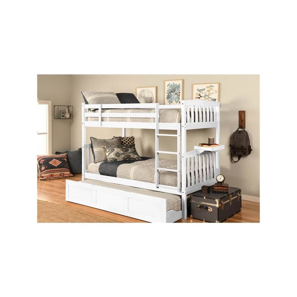 Claire Twin Bunk Bed w/ Tray and Trundle Bed in White-Mattresses Not Included. Picture 3