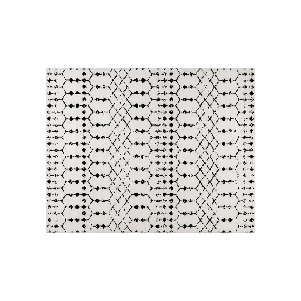 Geometric Bohemian Low Pile Rug - 8' x 10' - Ivory/Black. Picture 1