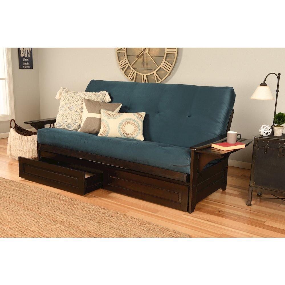Phoenix Frame-Espresso Finish-Suede Navy Mattress-Storage Drawers. Picture 1