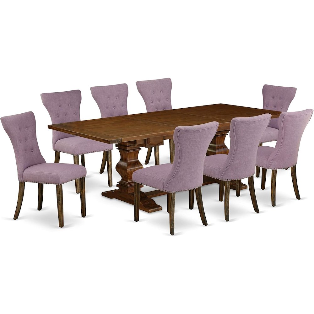 East West Furniture LAGA9-87-40 9 Piece Kitchen Table Set Includes a Rectangle Dining Table with Removable Leaf and 8 Dahlia Linen Fabric Parson Dining Chairs, 42x92 Inch, Walnut. Picture 1