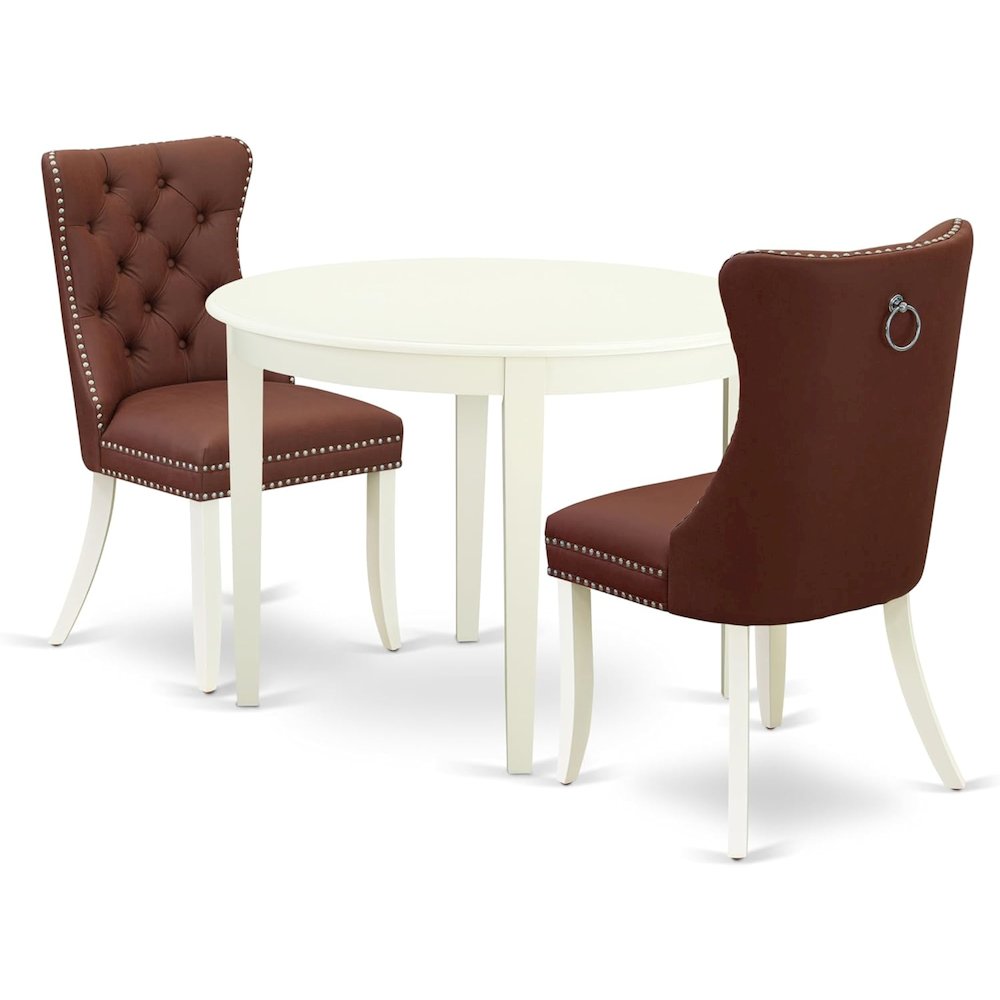 East West Furniture Boston 3 Piece Dining Room Set Contains a Round Kitchen Table and 2 Upholstered Parson Chairs, 42x42 Inch, Linen White. Picture 1