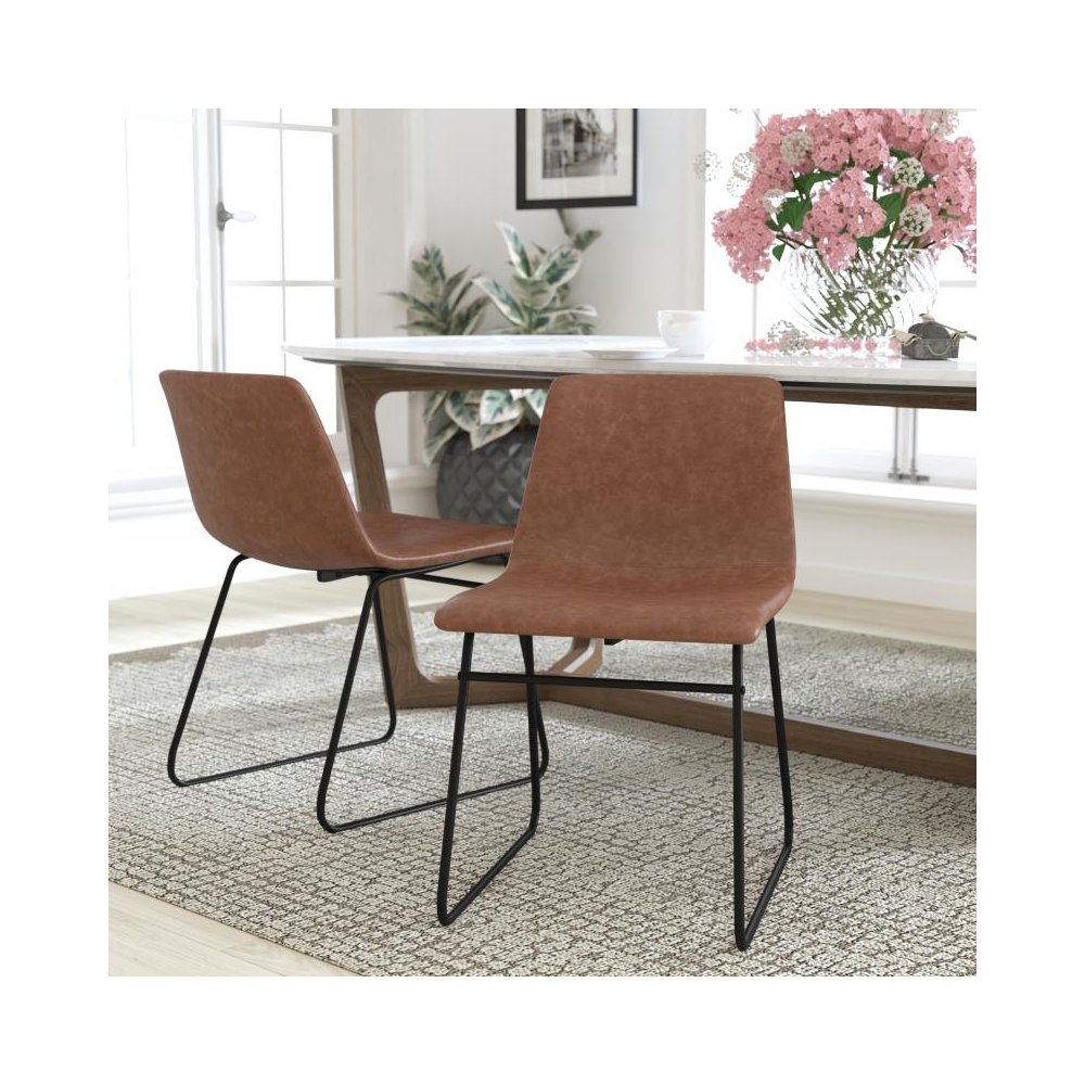 18 inch Dining Table Height Chair, Mid-Back Sled Base Dining Chair in Light Brown LeatherSoft with Black Frame, Set of 2. Picture 2