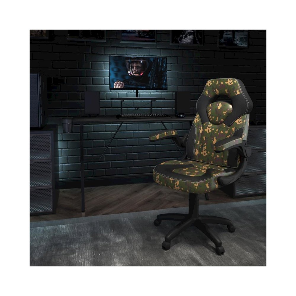 Black Gaming Desk and Camouflage/Black Racing Chair Set with Cup Holder, Headphone Hook, and Monitor/Smartphone Stand. Picture 2