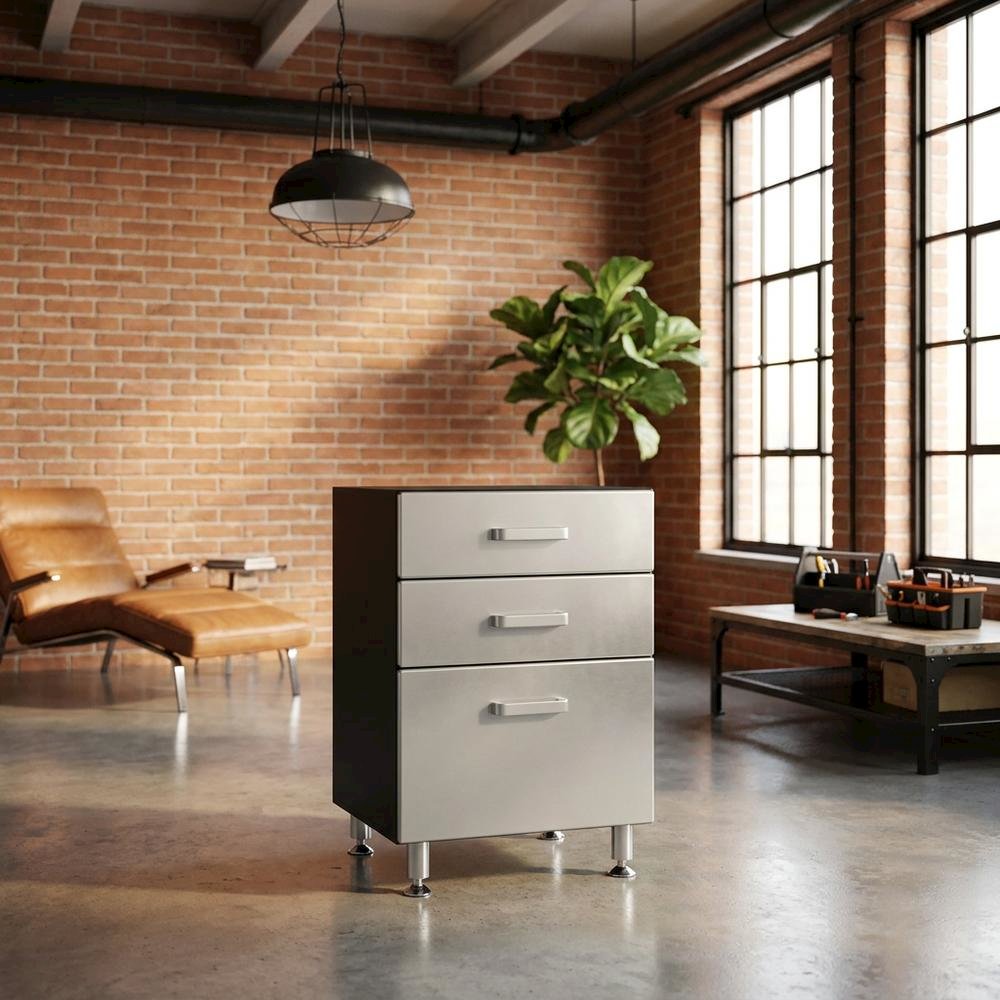 Vinyl Laminate Three-Drawer Storage Cabinet with Metal Accents for Garage. Picture 2