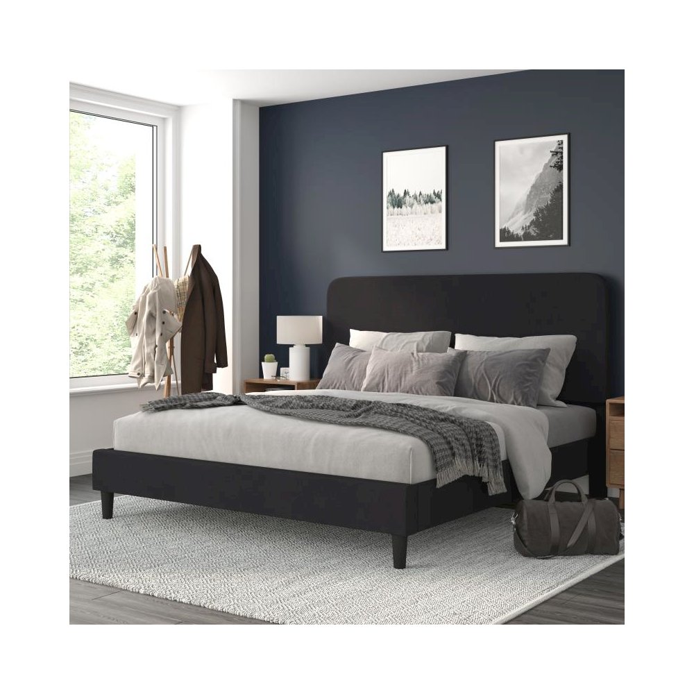 Charcoal King Fabric Upholstered Platform Bed - Headboard with Rounded Edges - No Box Spring or Foundation Needed. Picture 2