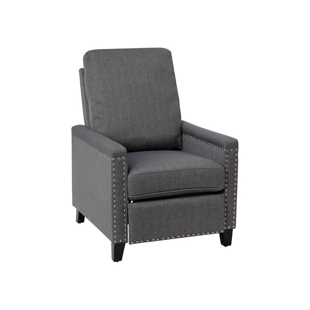 Transitional Style Push Back Recliner Chair - Pillow Back Recliner - Gray Fabric Upholstery - Accent Nail Trim. Picture 1