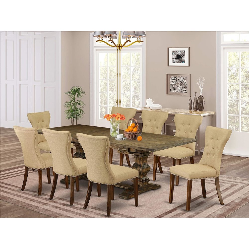 9 Piece Dining Table Set Includes a Rectangle Dining Room Table with Removable Leaf and 8 Brown Linen Fabric Upholstered Chairs, 42x92 Inch, Jacobean. Picture 2