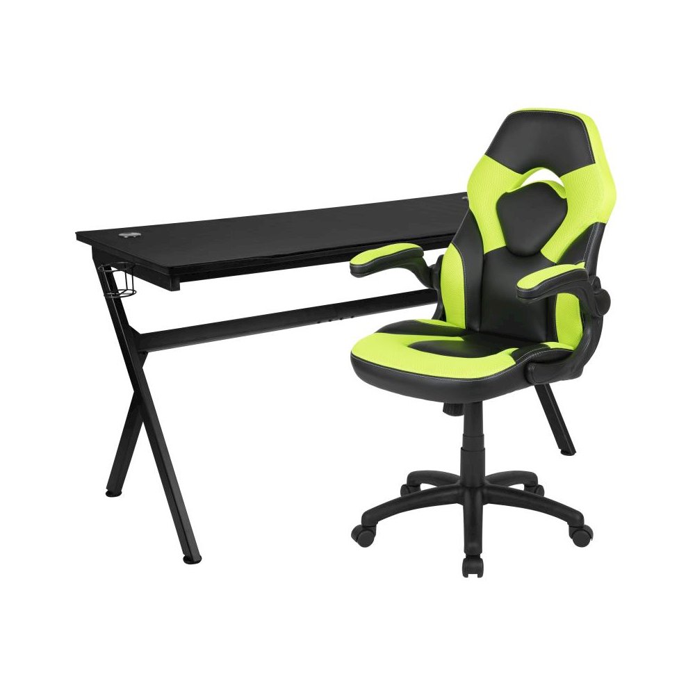 Gaming Desk and Green/Black Racing Chair Set /Cup Holder/Headphone Hook/Removable Mouse Pad Top - 2 Wire Management Holes. Picture 1