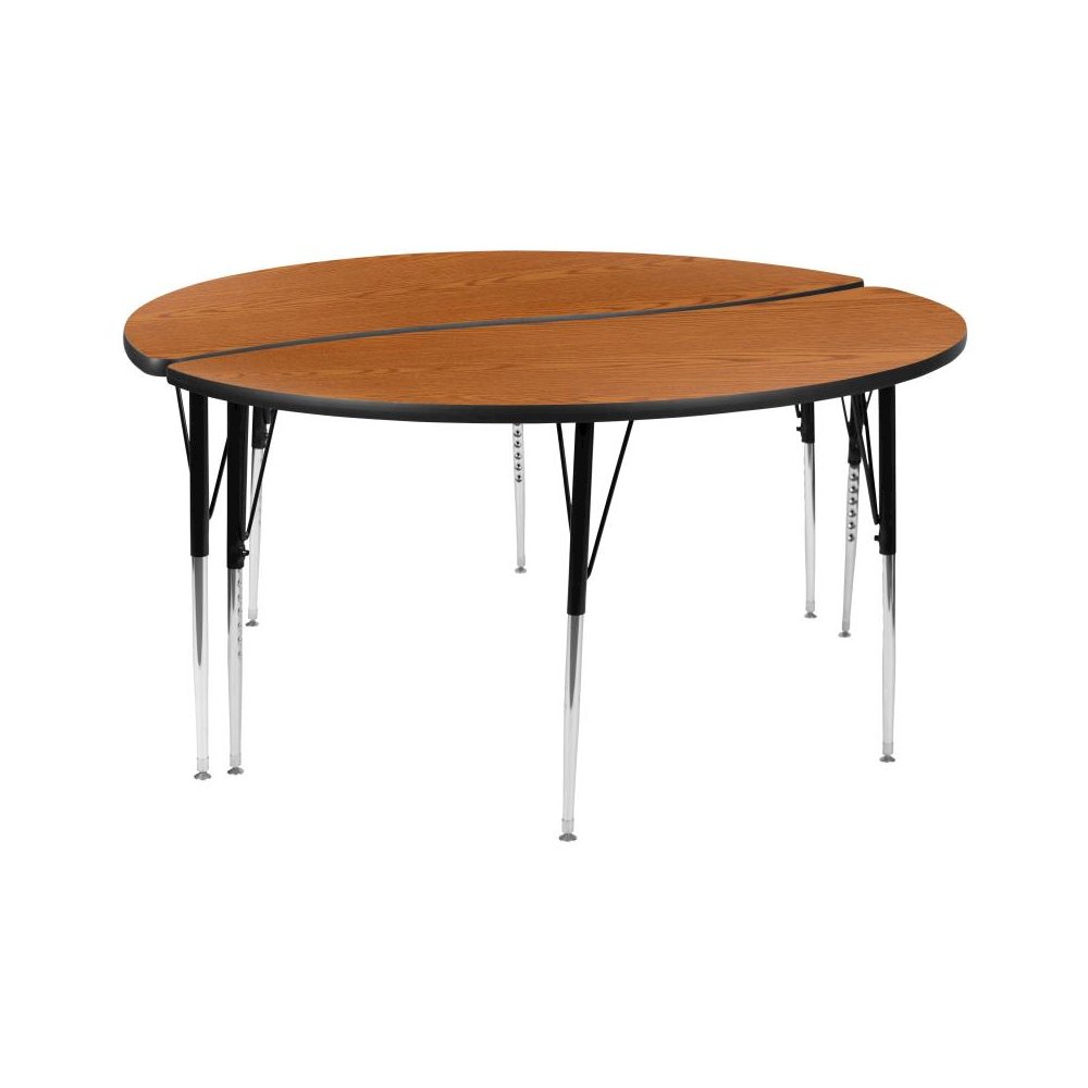 2 Piece 60" Circle Wave Flexible Oak Thermal Laminate Activity Table Set - Standard Height Adjustable Legs. Picture 1