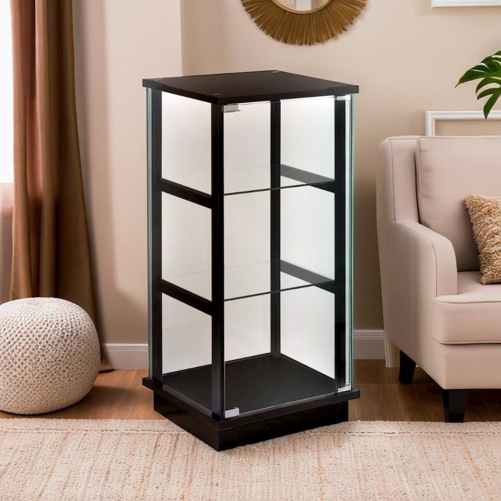 Stylish Black Glass Curio Cabinet with Three Shelves for Displaying Treasures. Picture 6