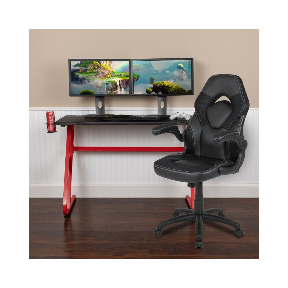 Red Gaming Desk and Black Racing Chair Set with Cup Holder and Headphone Hook. Picture 2