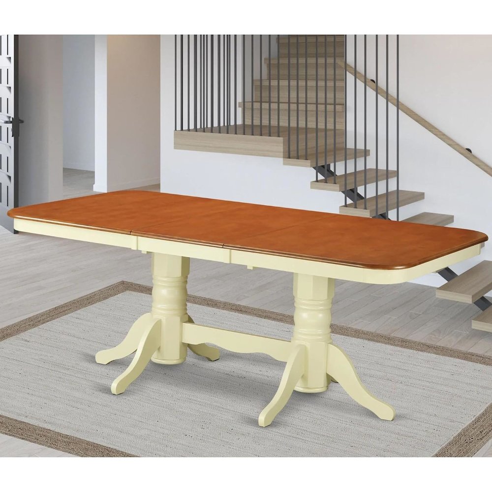 Napoleon  rectangular  round  corner  dining   table  with  17  in  self  storage  leaf  finish  in  Buttermilk  &  Cherry. Picture 2