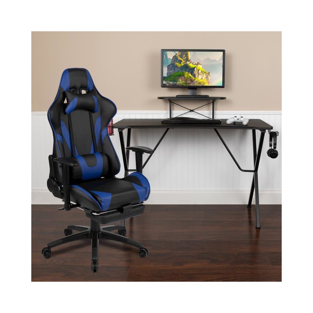 Black Gaming Desk with Cup Holder/Headphone Hook and Monitor/Smartphone Stand & Blue Reclining Gaming Chair with Footrest. Picture 2