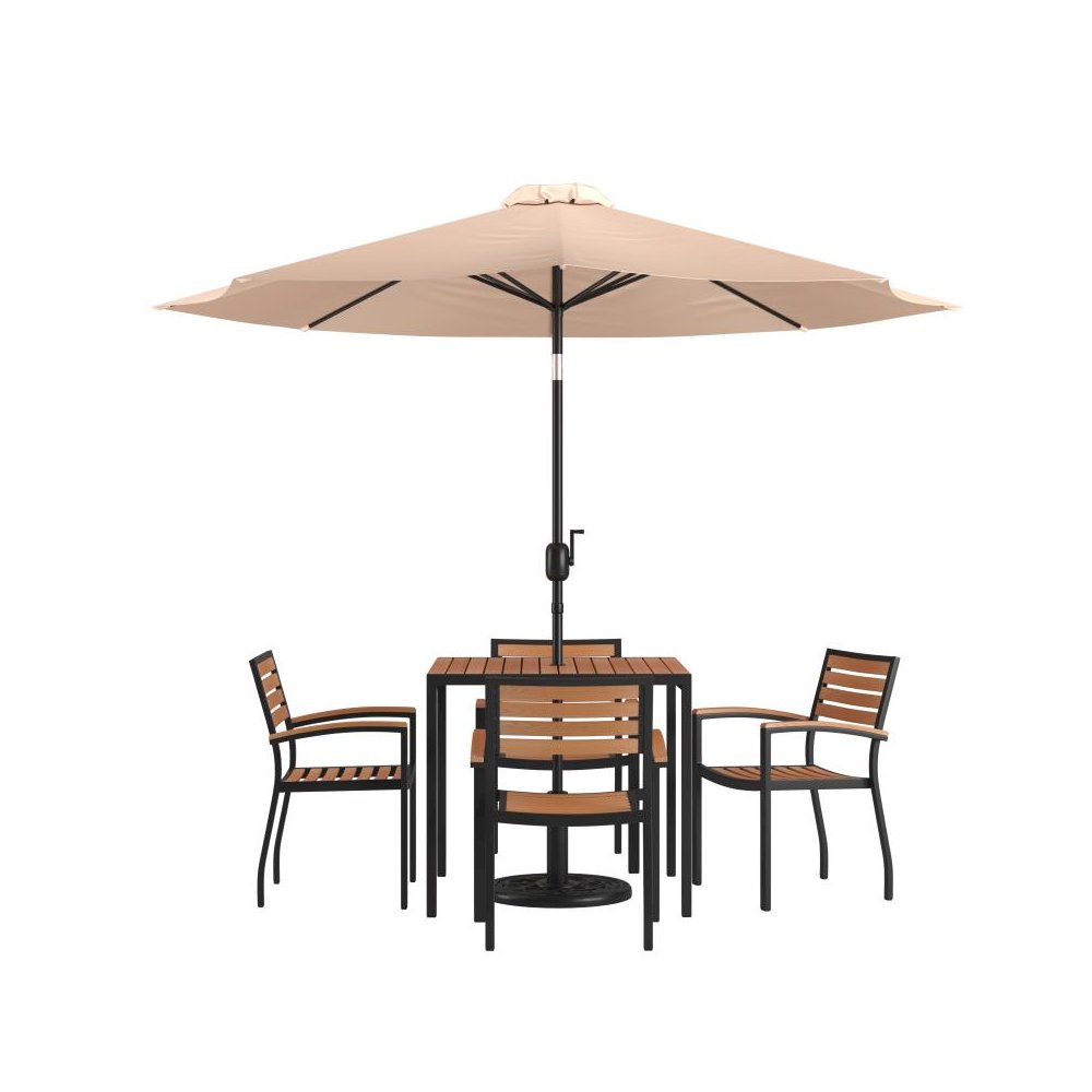7 Piece Outdoor Patio Table Set with 4 Synthetic Teak Stackable Chairs, 35" Square Table, Tan Umbrella & Base. Picture 1