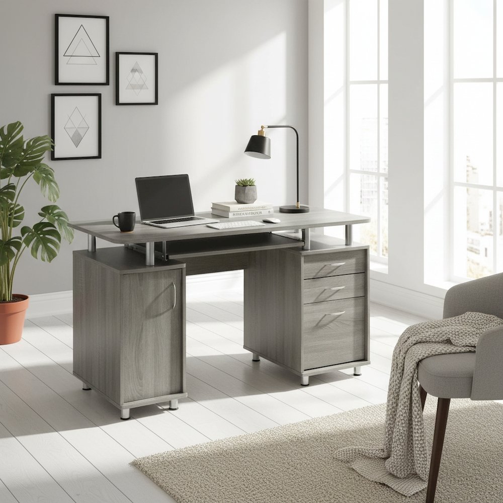 Techni Mobili Complete Workstation Computer Desk with Storage - Grey. Picture 9