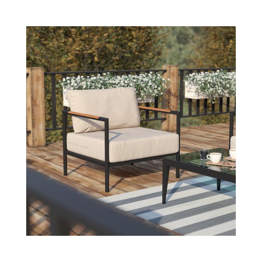 Indoor/Outdoor Patio Chair with Cushions - Modern Aluminum Framed Chair with Teak Accented Arms, Black with Beige Cushions. Picture 2