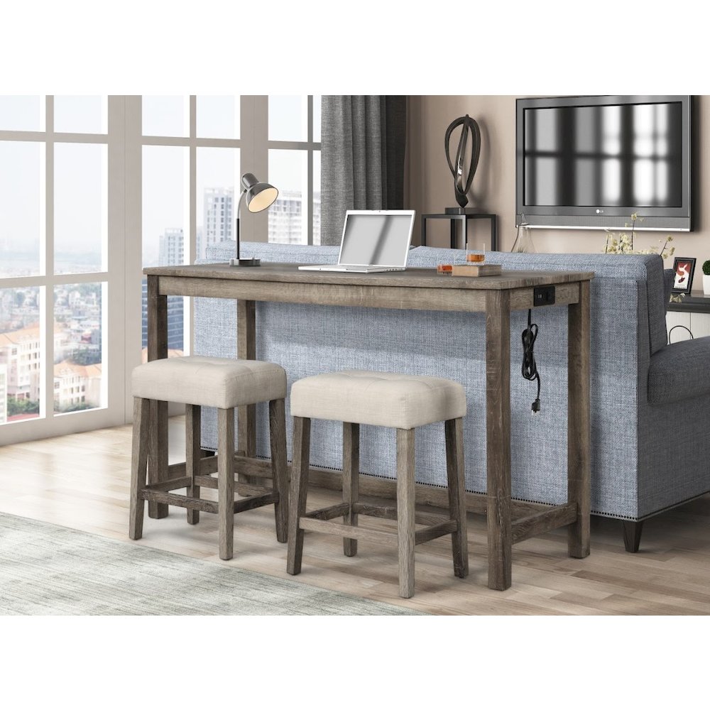 Yosef 60" Antique Oak Rectangular Bar Table with 2 USB Ports/Electrical Outlet. Picture 2