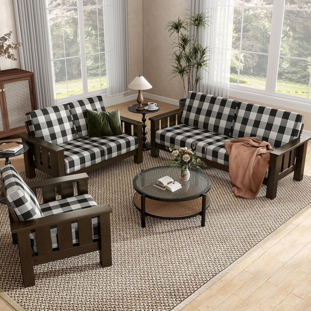 Gavik Modern 3-Piece Solid Wood Frame Upholstery Living Room Set, Dark Walnut. Picture 2