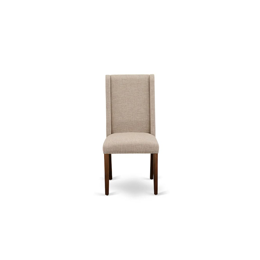 3 Piece Kitchen Table Set Contains a Round Dining Room Table with Pedestal and 2 Light Tan Linen Fabric Upholstered Chairs, 36x36 Inch, Natural. Picture 6