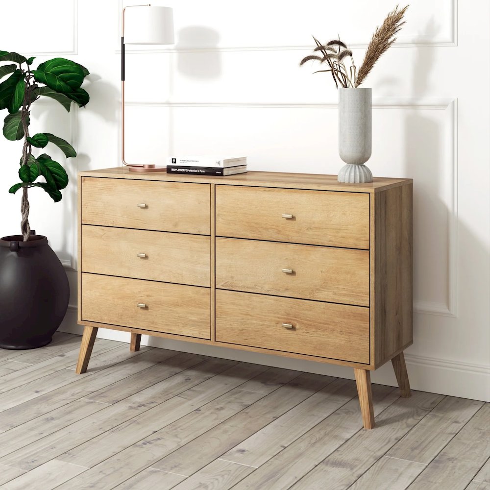 Milo 6-Drawer Wide Dresser Natural Oak Engineered Wood for Bedroom. Picture 6