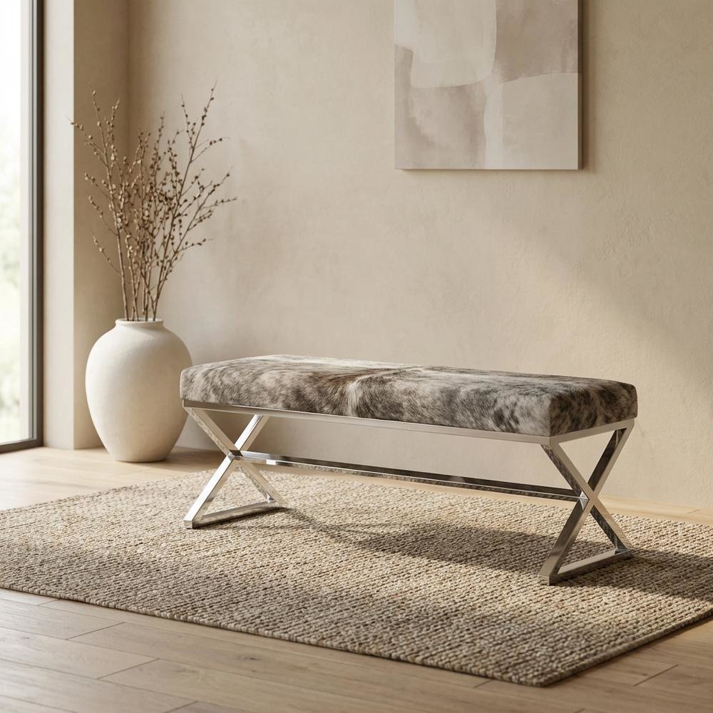 Cowhide Upholstered Bench, Contemporary Entryway Bench for Living Room, Gray. Picture 3