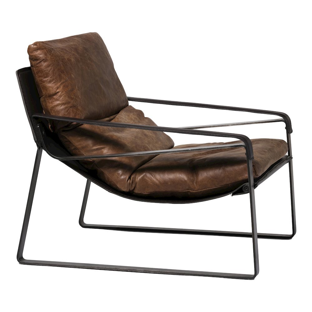 Mid Century Rustic Armchair Brown Leather with Black Iron Frame. Picture 6
