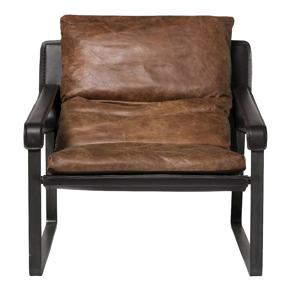 Mid Century Rustic Armchair Brown Leather with Black Iron Frame. Picture 5