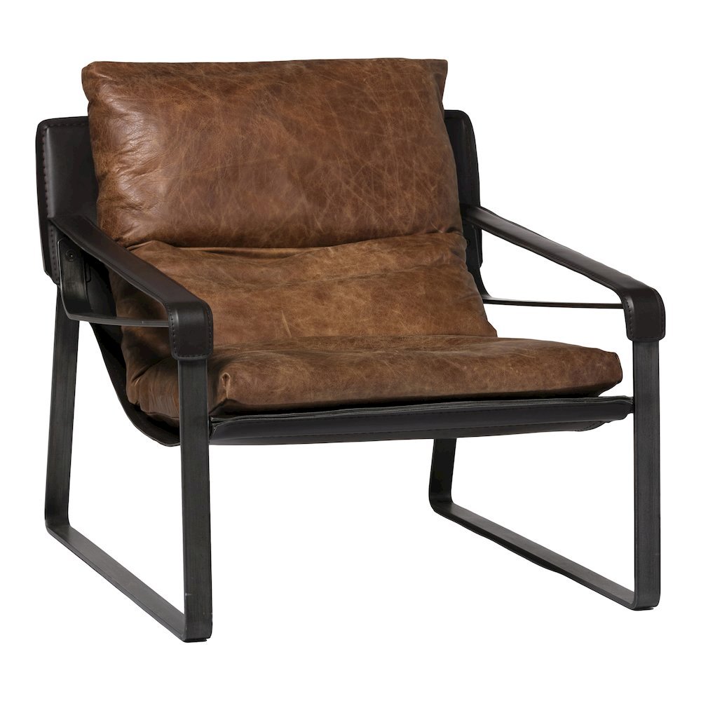 Mid Century Rustic Armchair Brown Leather with Black Iron Frame. Picture 1