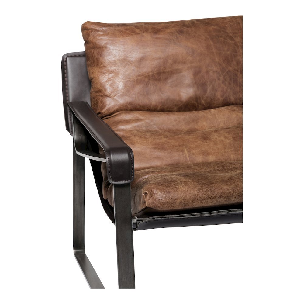 Mid Century Rustic Armchair Brown Leather with Black Iron Frame. Picture 8