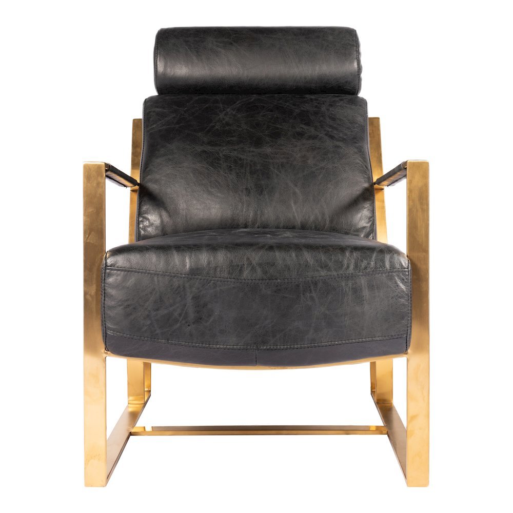 Mid Century Modern Rustic Armchair with Black Leather Seat and Gold Frame. Picture 4