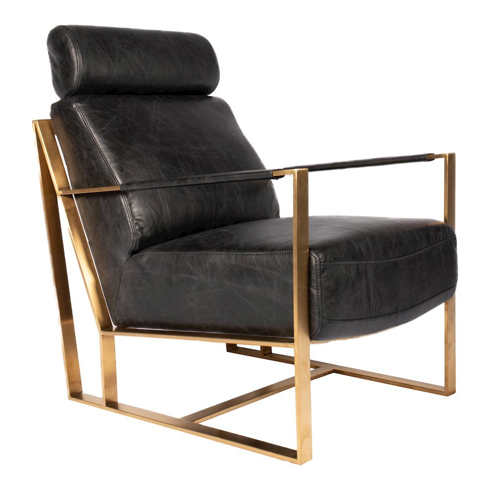 Mid Century Modern Rustic Armchair with Black Leather Seat and Gold Frame. Picture 1