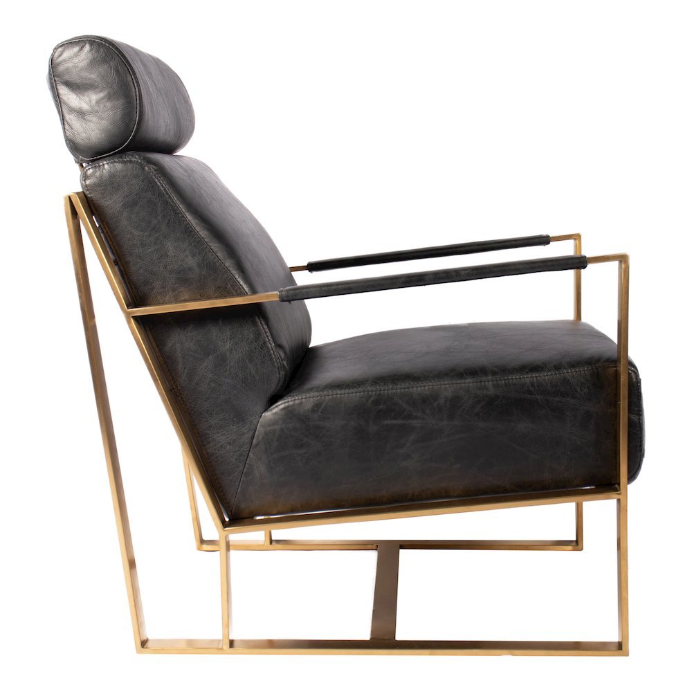 Mid Century Modern Rustic Armchair with Black Leather Seat and Gold Frame. Picture 5