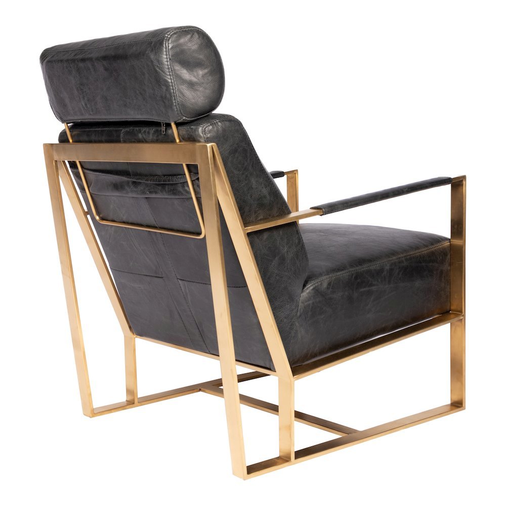 Mid Century Modern Rustic Armchair with Black Leather Seat and Gold Frame. Picture 6