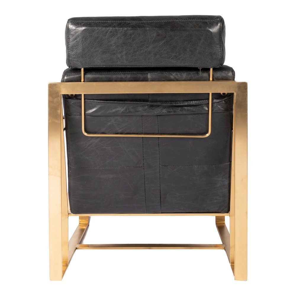 Mid Century Modern Rustic Armchair with Black Leather Seat and Gold Frame. Picture 7