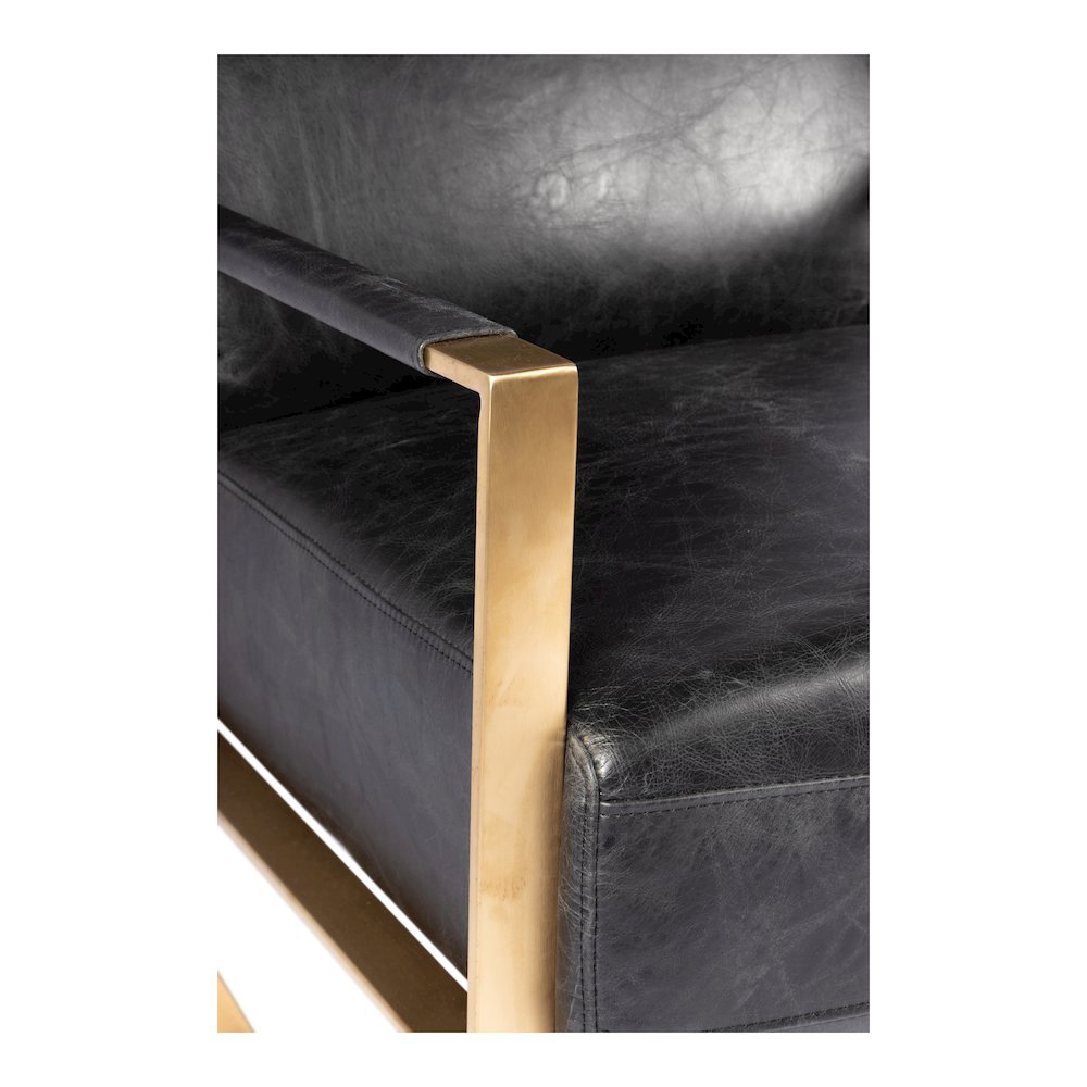 Mid Century Modern Rustic Armchair with Black Leather Seat and Gold Frame. Picture 8
