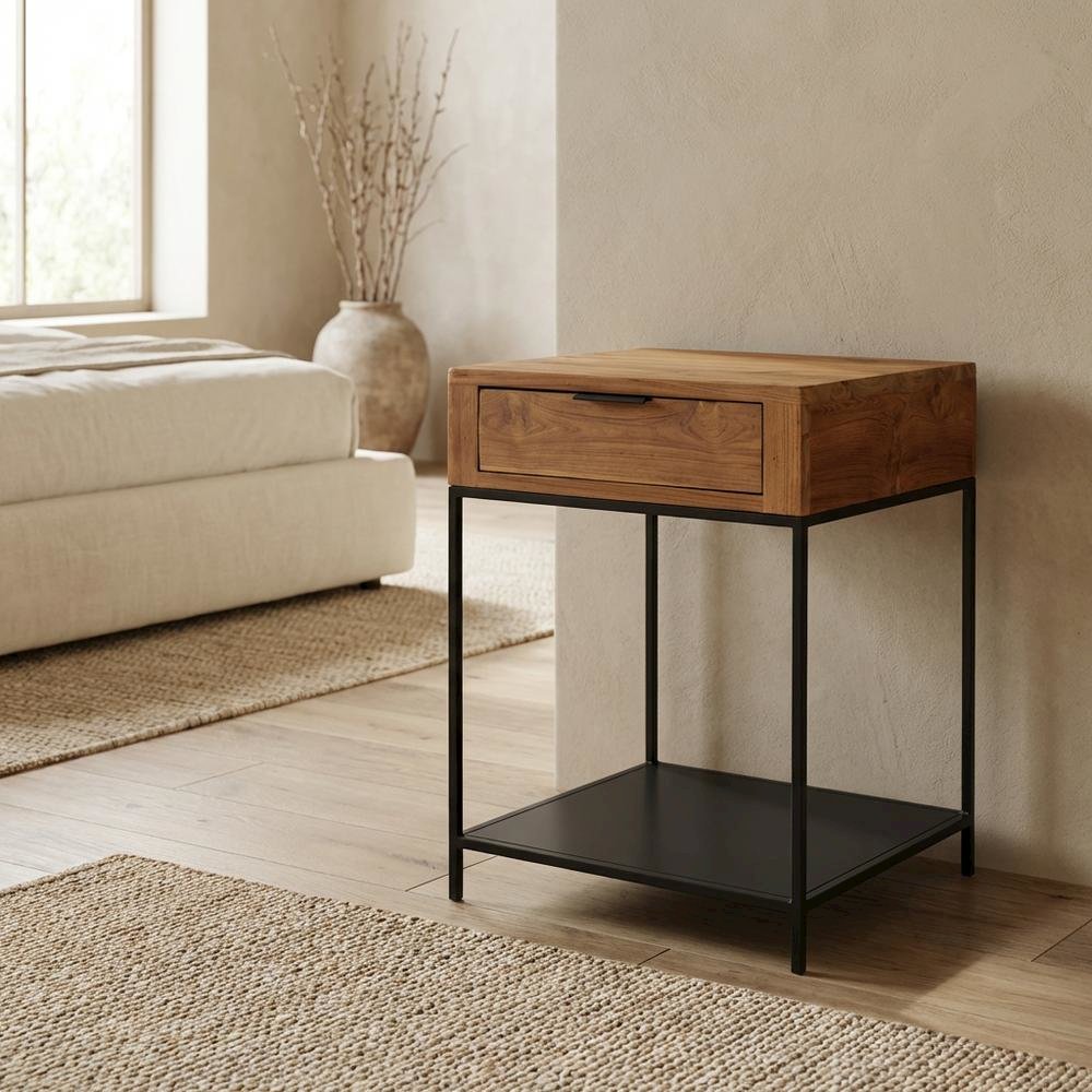 Solid Teak Side Table with Drawer, Contemporary End Table for Living Room,Brown. Picture 3